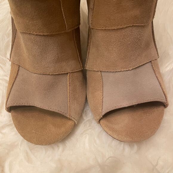 Torrid 7W Patchwork Heeled Booties | Leather Upper, Peep Toe, Neutral Suede - Picture 6 of 9